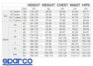 Maattabel overalls Sparco